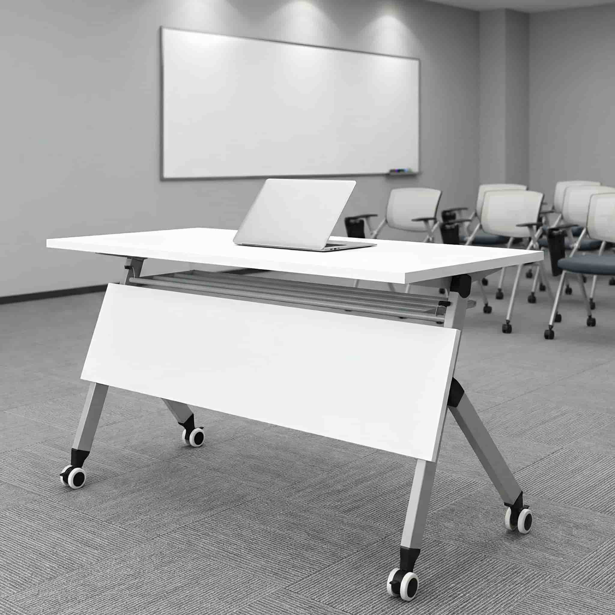 Folding conference table with flip-up top and lockable casters