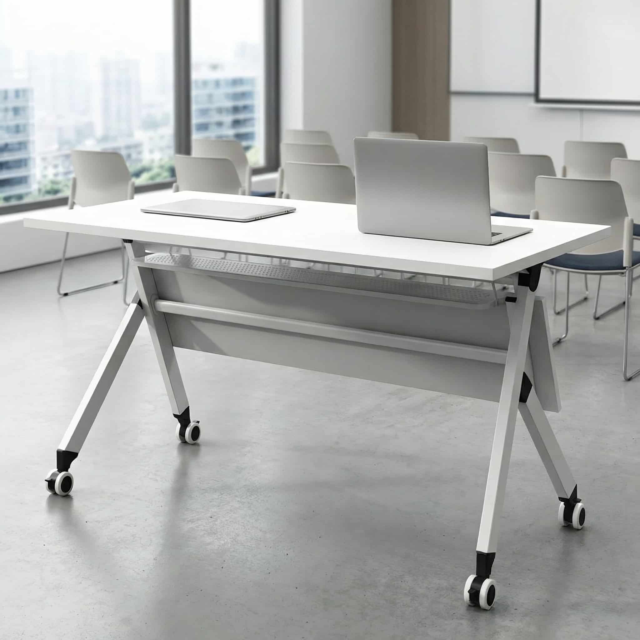 Folding conference table with flip-up top and lockable casters