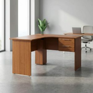 1200mm Curved Office Desk in light wood L-shape with lockable pedestal