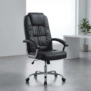 igh-back ergonomic office chair in black PU leather with chrome base
