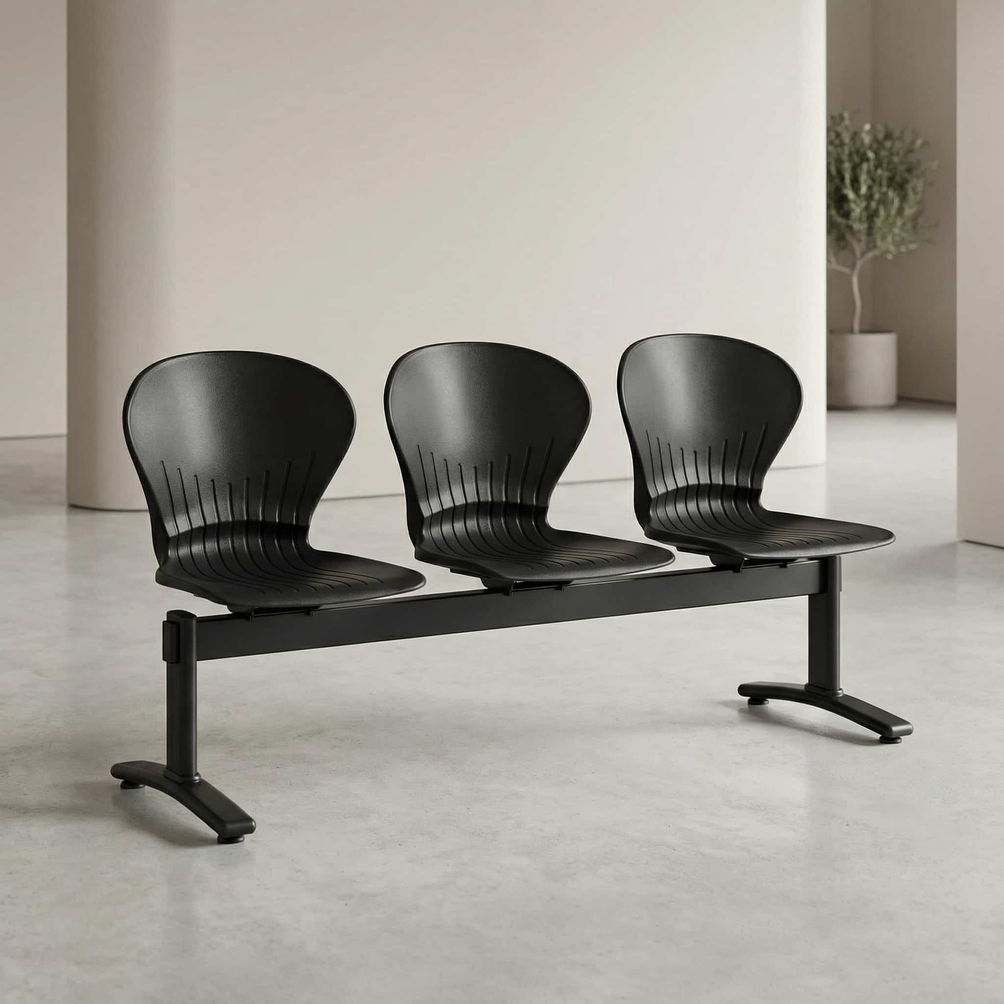 Black 3 seater visitor’s link chair with ergonomic plastic seats and metal frame for office reception and hospital waiting areas