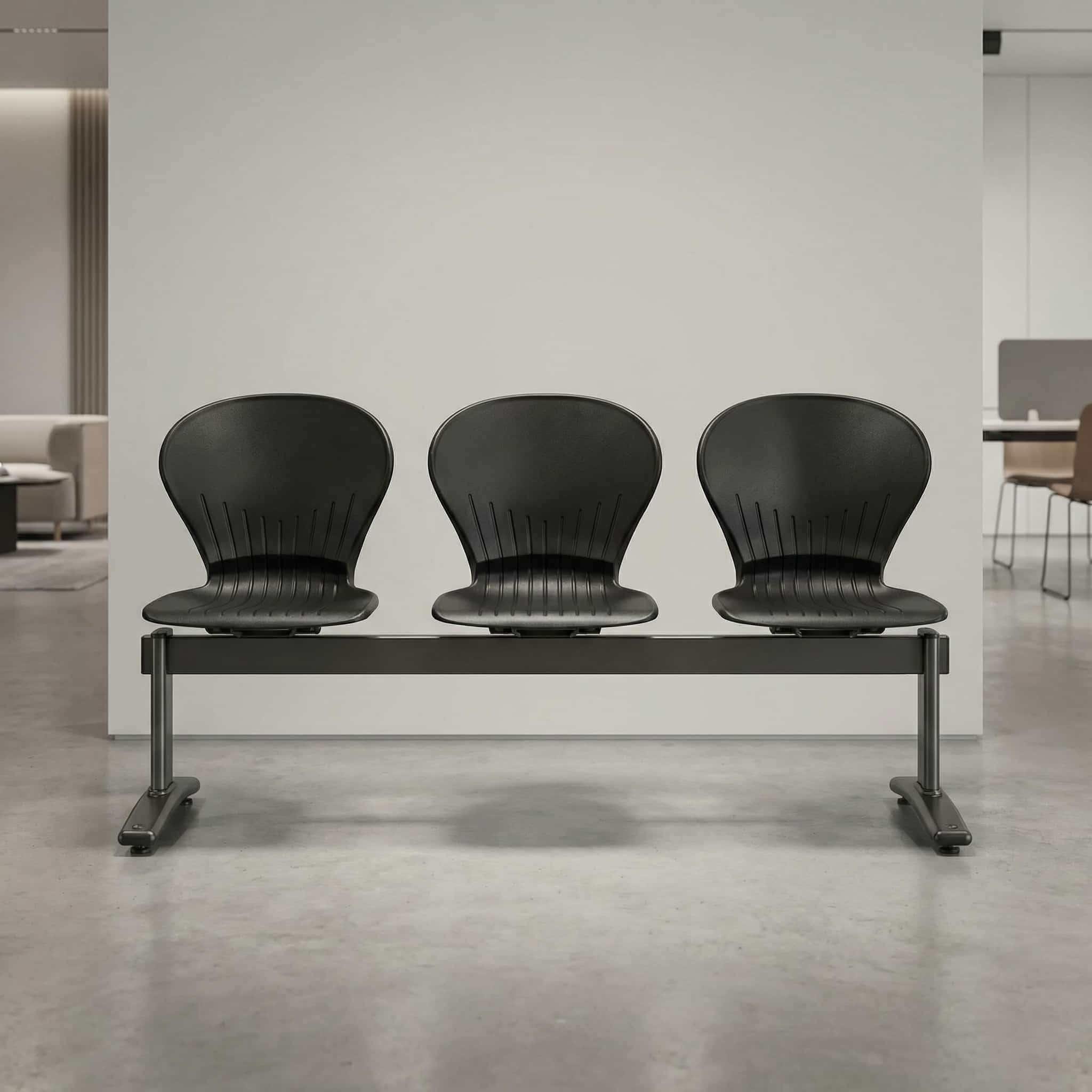 Black 3 seater visitor’s link chair with ergonomic plastic seats and metal frame for office reception and hospital waiting areas