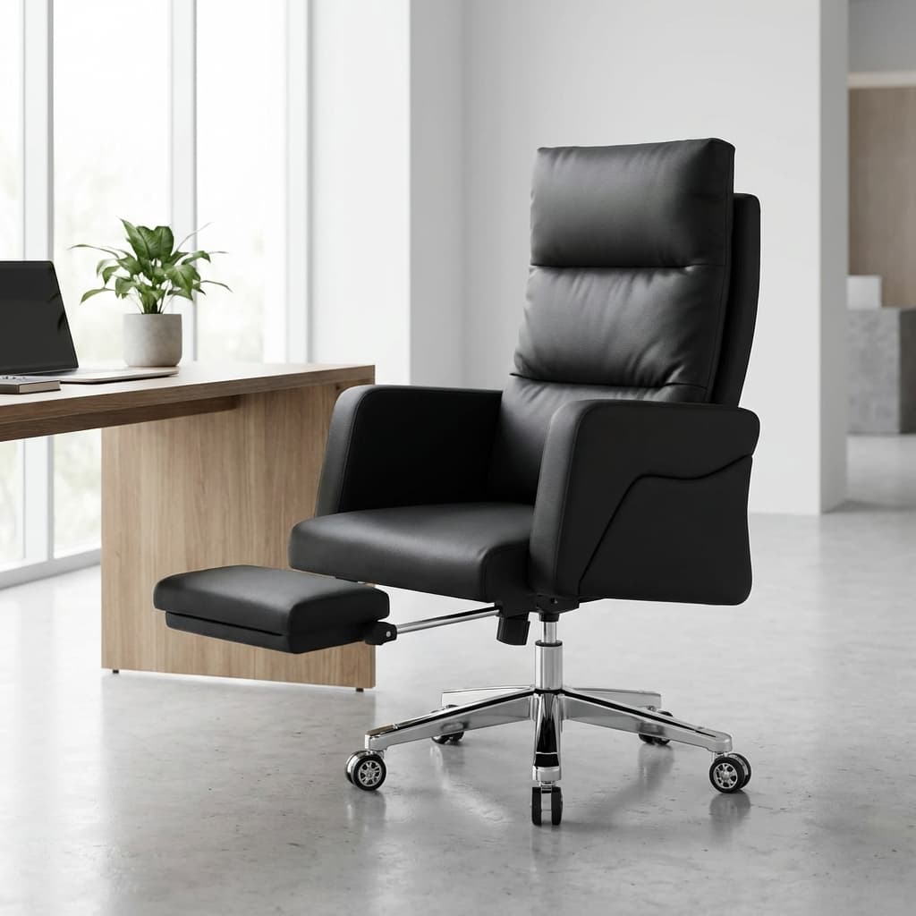 Black executive recliner office chair with footrest
