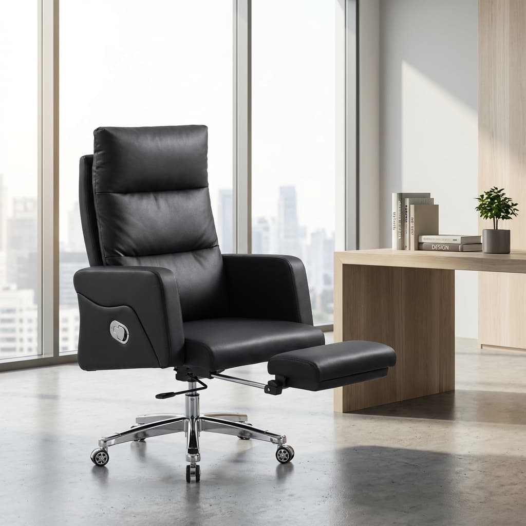 Black executive recliner office chair with footrest