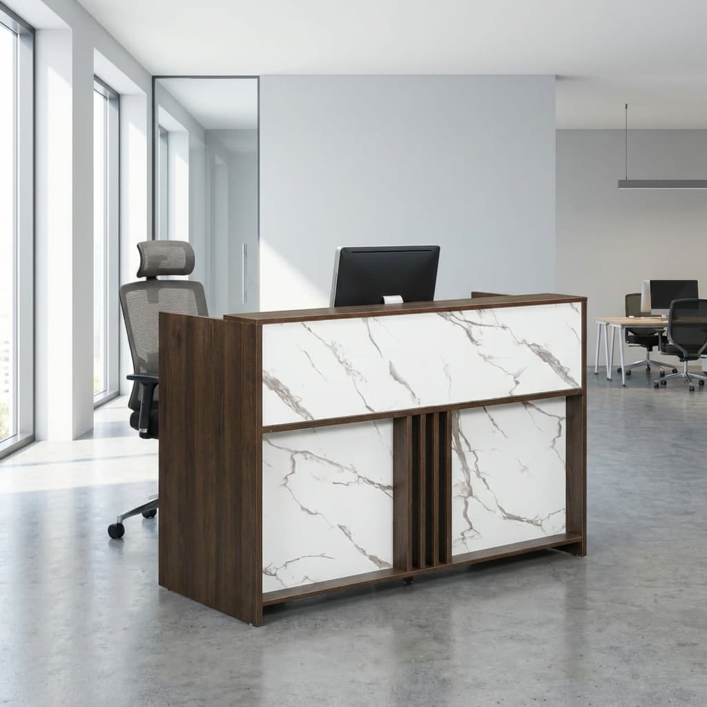 Modern marble finish reception desk with wood accents
