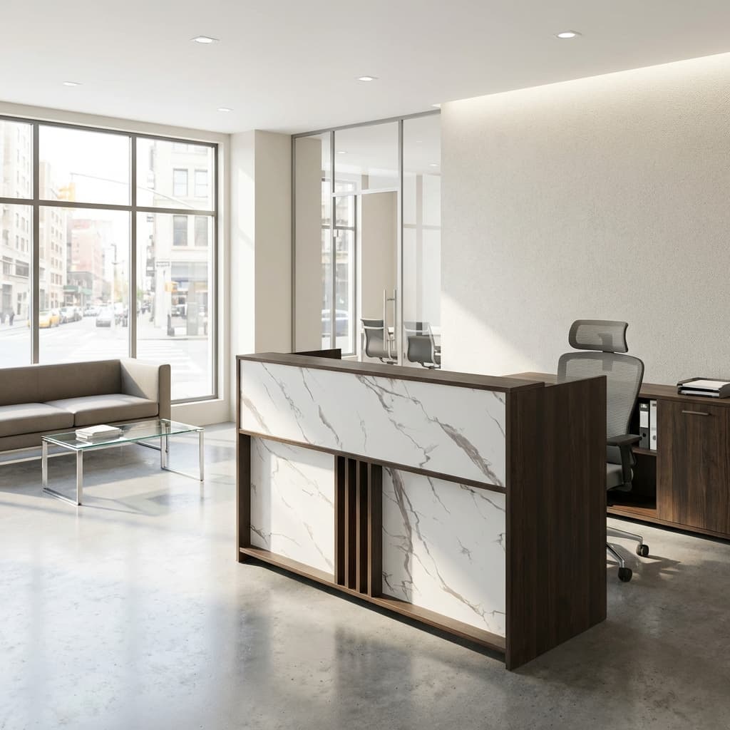 Modern marble finish reception desk with wood accents