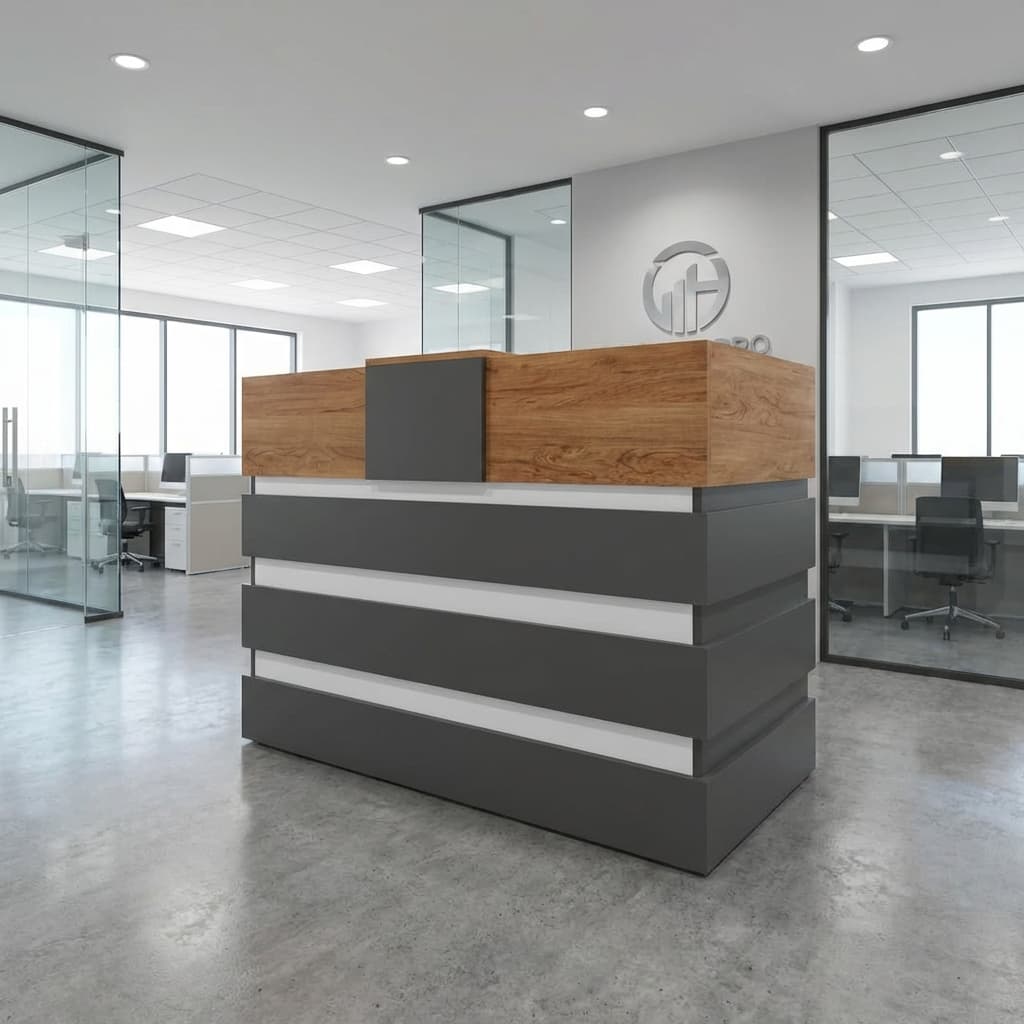 1.6m modern custom reception desk with wood top and grey layered panels