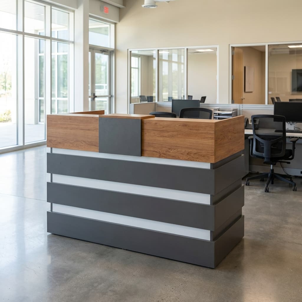 1.6m modern custom reception desk with wood top and grey layered panels
