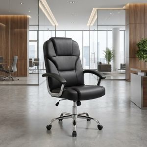 black ergonomic executive office chair with chrome base