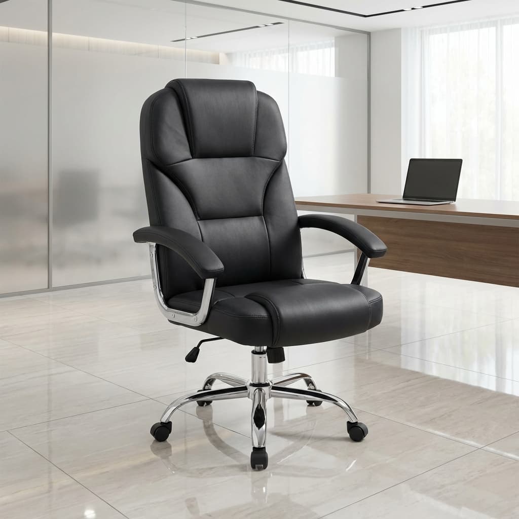 black ergonomic executive office chair with chrome base