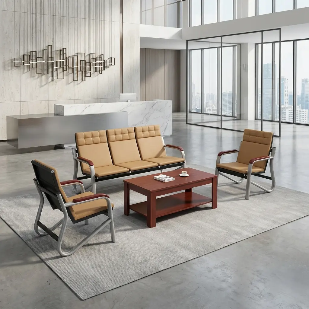 A premium 5-Seater Brown Reception Sofa Set (3+1+1) showcasing a matching three-seater bench and two single armchairs with light brown leatherette cushioning.