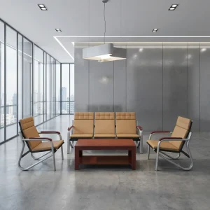 A premium 5-Seater Brown Reception Sofa Set (3+1+1) showcasing a matching three-seater bench and two single armchairs with light brown leatherette cushioning.