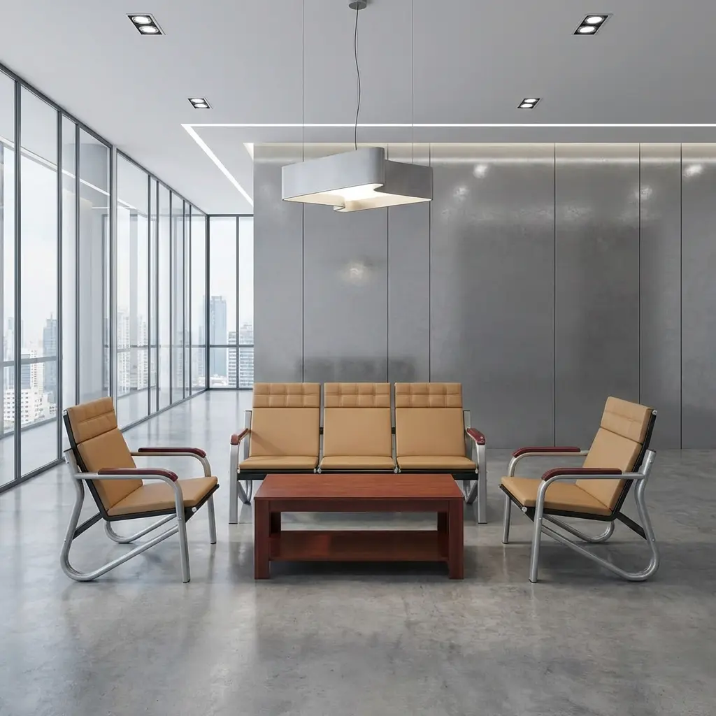 A premium 5-Seater Brown Reception Sofa Set (3+1+1) showcasing a matching three-seater bench and two single armchairs with light brown leatherette cushioning.