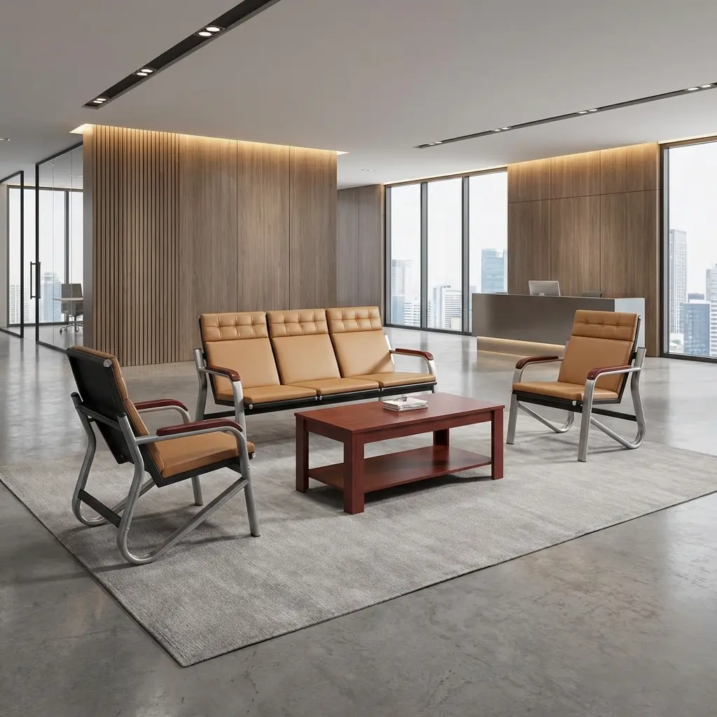 A premium 5-Seater Brown Reception Sofa Set (3+1+1) showcasing a matching three-seater bench and two single armchairs with light brown leatherette cushioning.