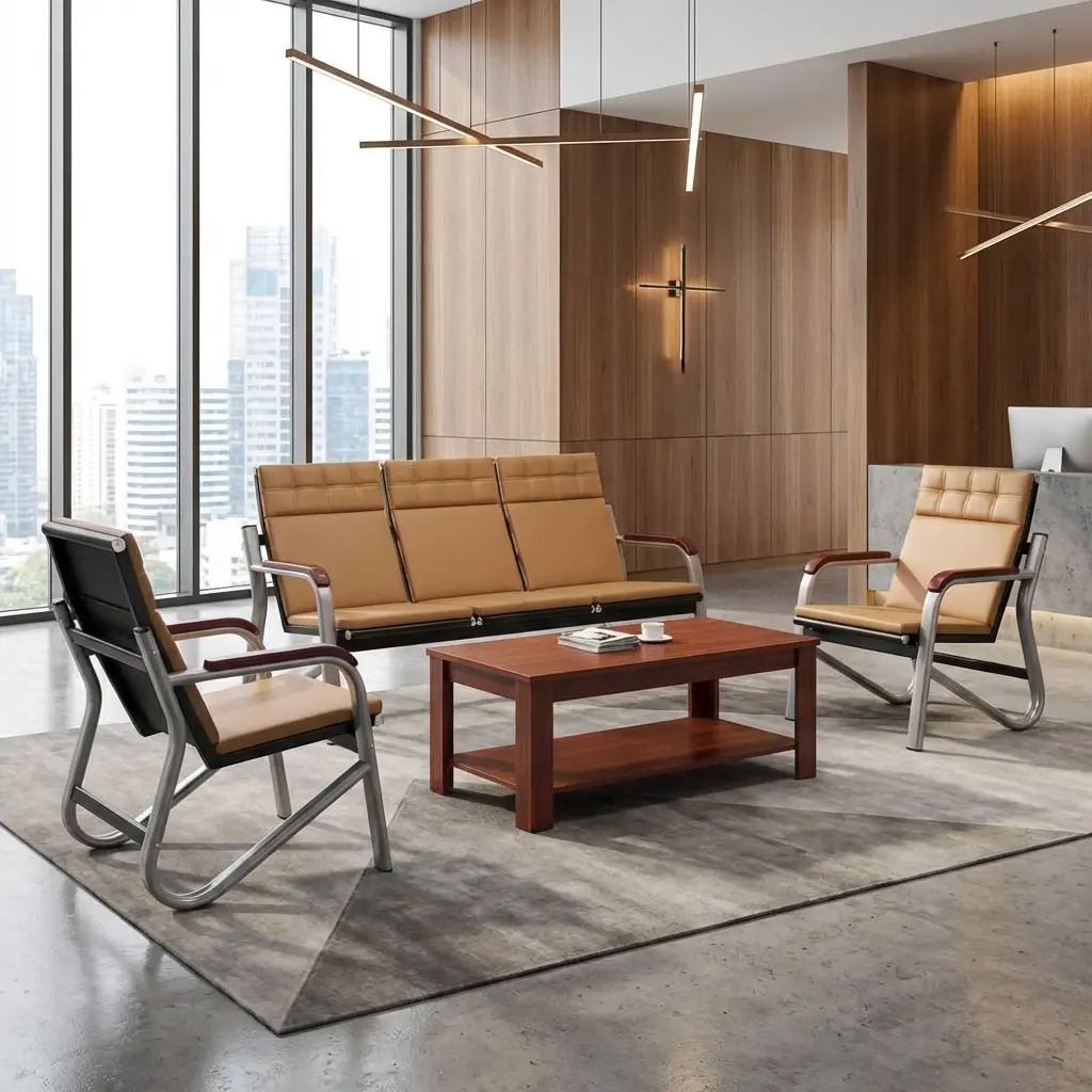 A premium 5-Seater Brown Reception Sofa Set (3+1+1) showcasing a matching three-seater bench and two single armchairs with light brown leatherette cushioning.