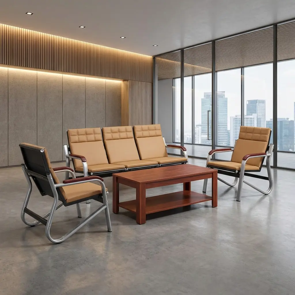 A premium 5-Seater Brown Reception Sofa Set (3+1+1) showcasing a matching three-seater bench and two single armchairs with light brown leatherette cushioning.