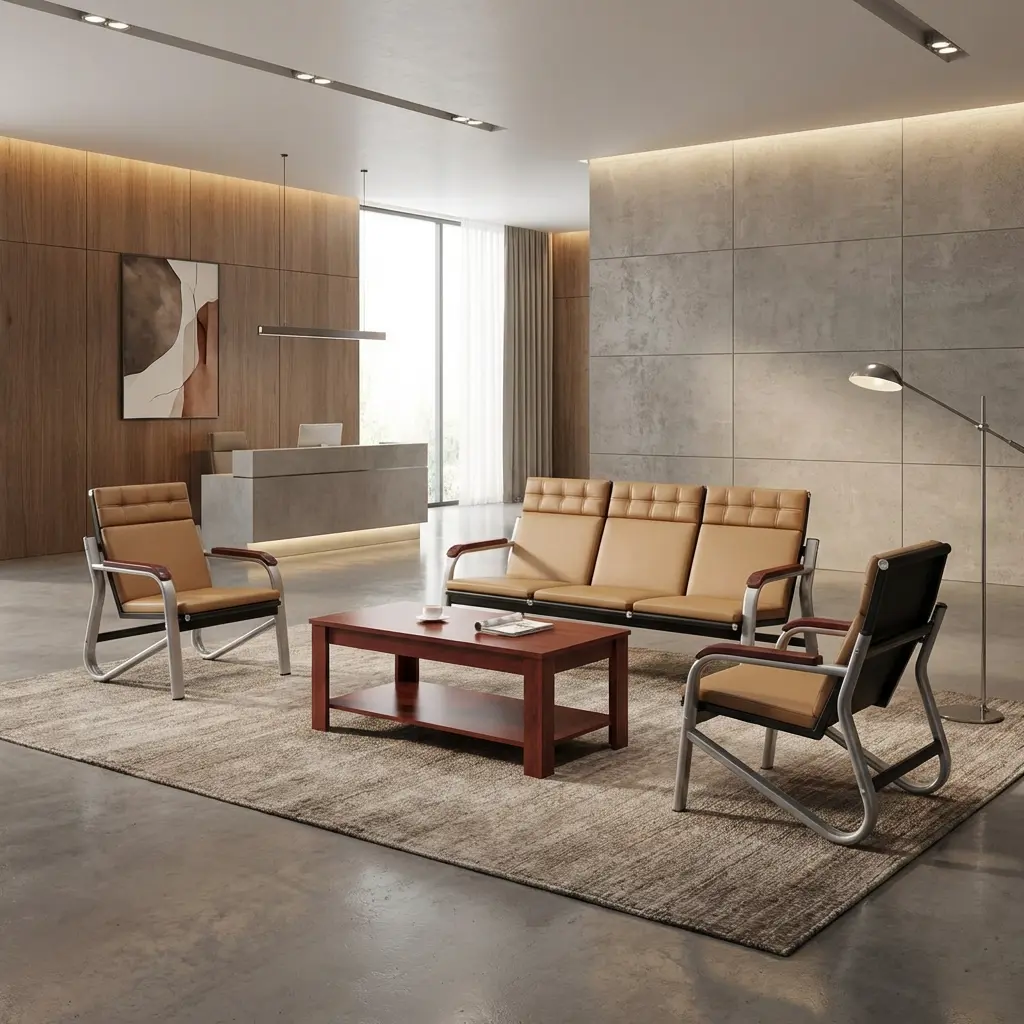 A premium 5-Seater Brown Reception Sofa Set (3+1+1) showcasing a matching three-seater bench and two single armchairs with light brown leatherette cushioning.