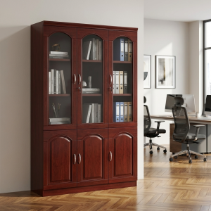 Three-door wooden bookshelf with cabinet storage
