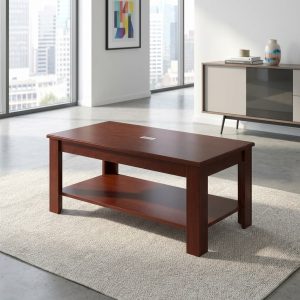 wooden office coffee table mahogany finish with bottom shelf