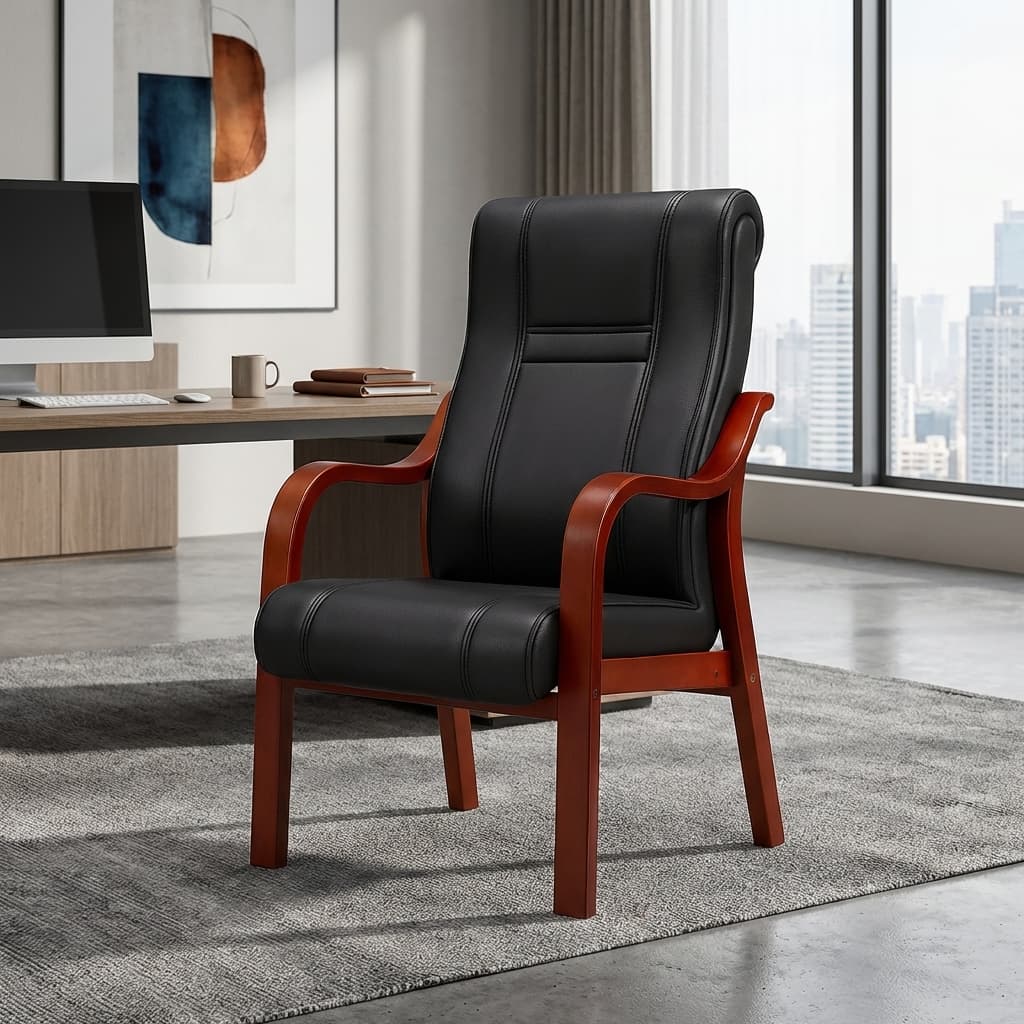 executive visitor chair with wooden arms and mahogany finish