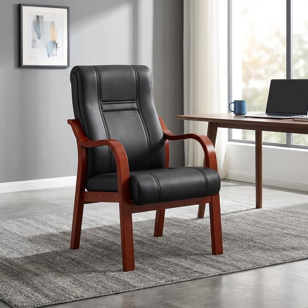 executive visitor chair with wooden arms and mahogany finish