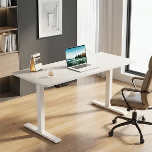 Electric height adjustable white study desk with steel frame