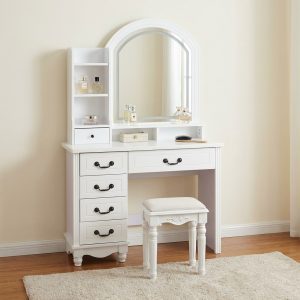 white dressing table with mirror and stool