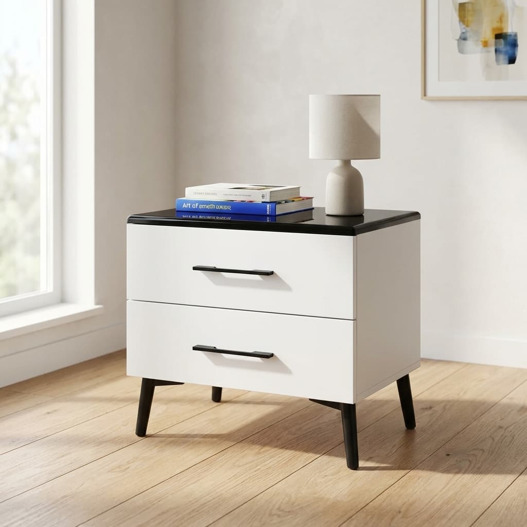 modern 2 drawer bedside table with white finish and black top