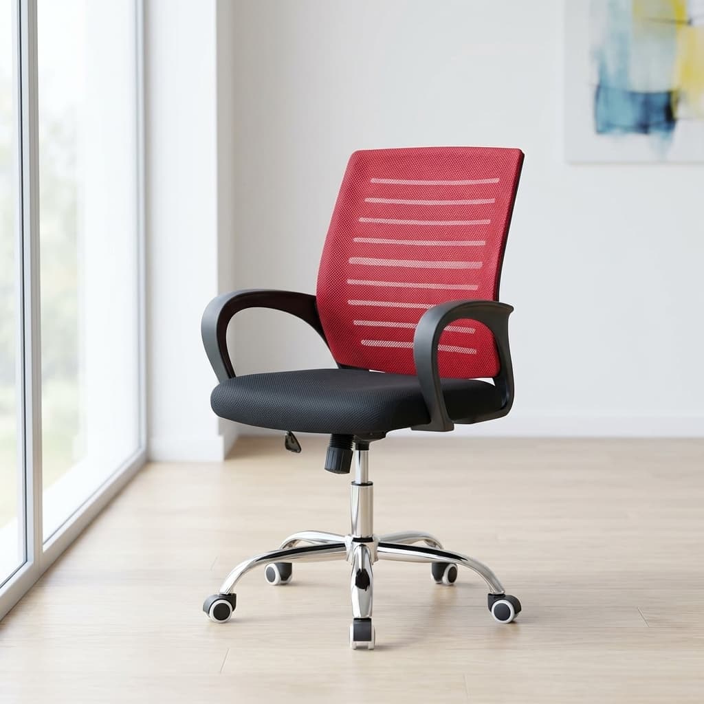 strong mesh office chair red black with chrome base and armrests