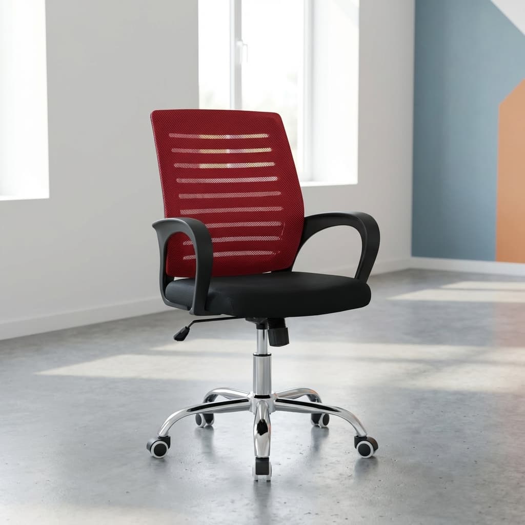 strong mesh office chair red black with chrome base and armrests