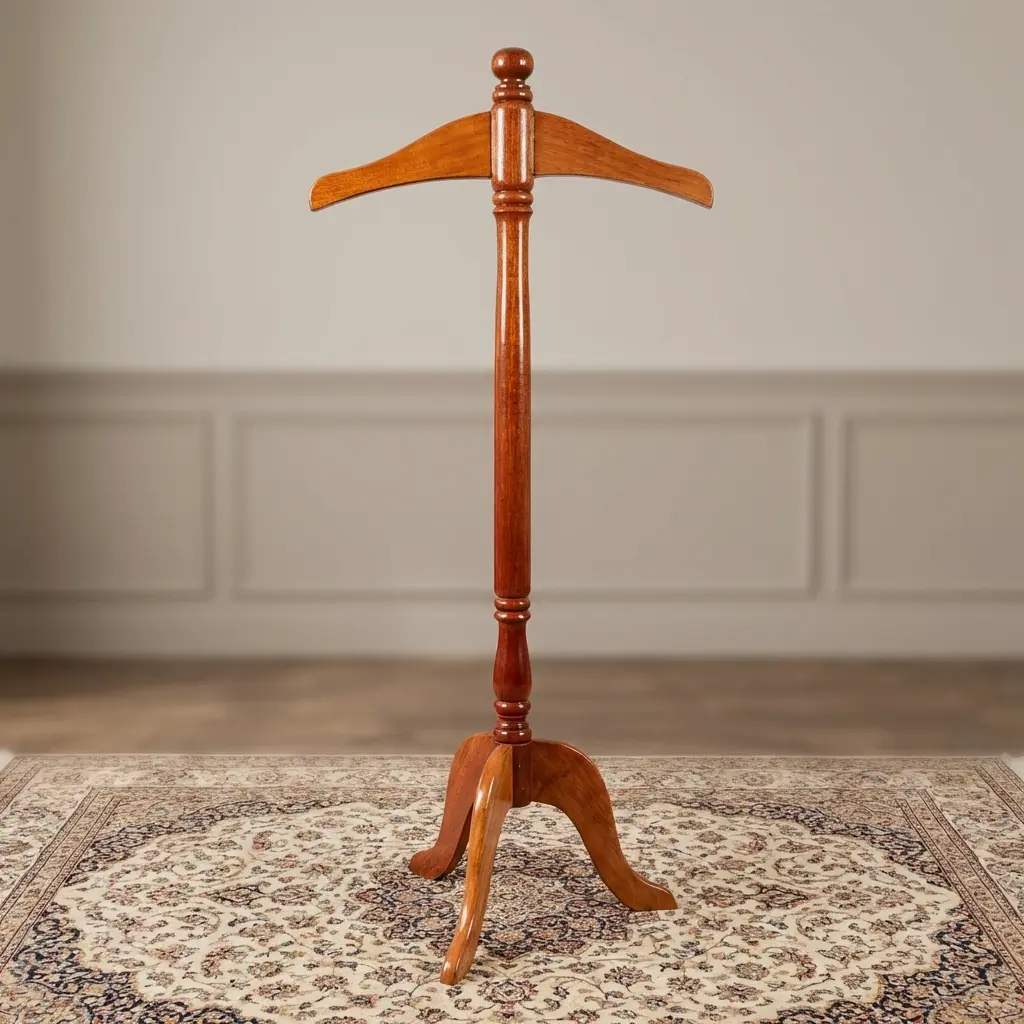 Freestanding solid mahogany wood coat stand featuring a contoured jacket hanger top piece, a turned vertical post, and a carved three-legged tripod base.
