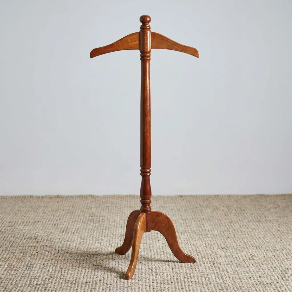 Freestanding solid mahogany wood coat stand featuring a contoured jacket hanger top piece, a turned vertical post, and a carved three-legged tripod base.
