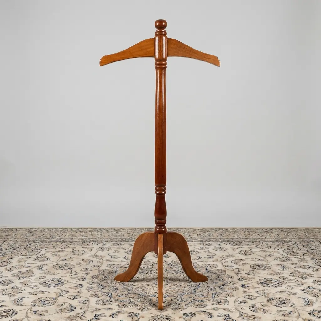 Freestanding solid mahogany wood coat stand featuring a contoured jacket hanger top piece, a turned vertical post, and a carved three-legged tripod base.
