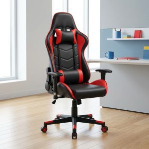 red and black gaming chair with lumbar support and headrest