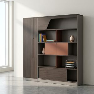 modern office storage cabinet with shelves and closed compartments