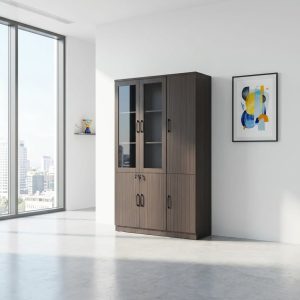 grey oak three door bookcase with glass and cabinet storage