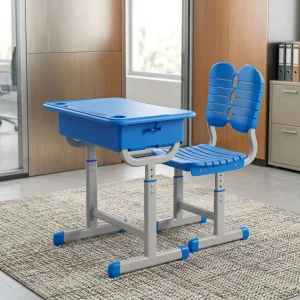 Height-adjustable study set featuring a blue plastic desktop with a built-in storage drawer, a slatted blue backrest chair, and a gray steel T-leg frame.