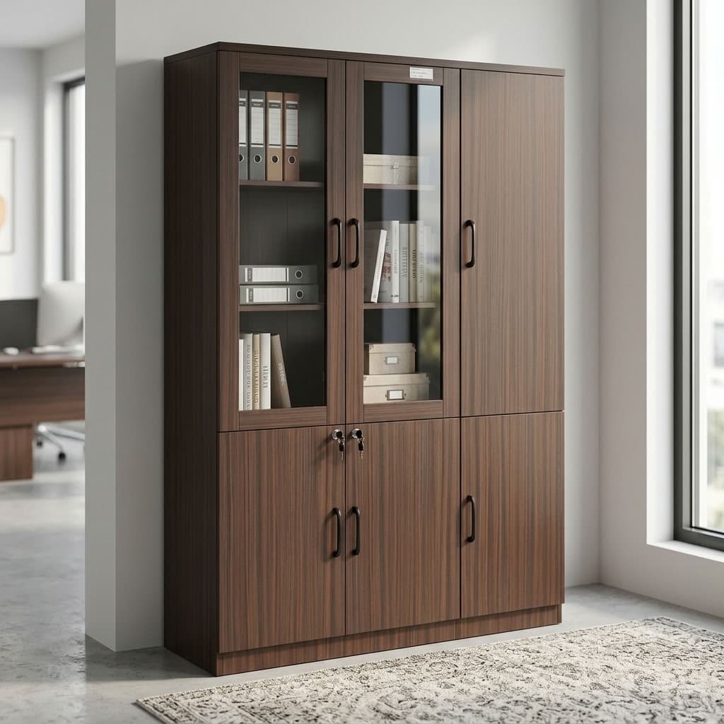 Three Door Bookcase in Grey Oak with vertical woodgrain finish, two upper glass-fronted doors, internal shelves, solid side cabinet doors, lockable lower storage and black handles.