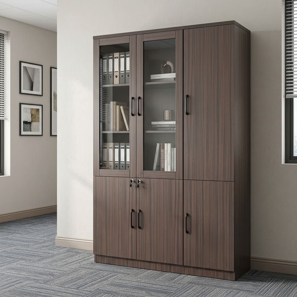 Three Door Bookcase in Grey Oak with vertical woodgrain finish, two upper glass-fronted doors, internal shelves, solid side cabinet doors, lockable lower storage and black handles.