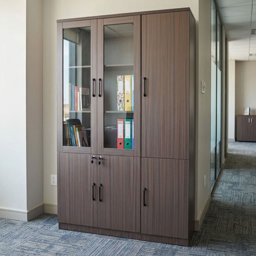 Three Door Bookcase in Grey Oak with vertical woodgrain finish, two upper glass-fronted doors, internal shelves, solid side cabinet doors, lockable lower storage and black handles.