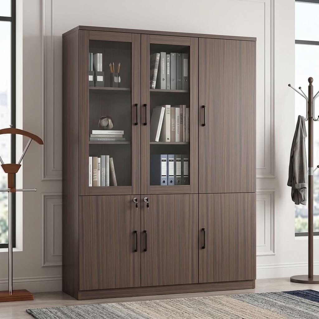 Three Door Bookcase in Grey Oak with vertical woodgrain finish, two upper glass-fronted doors, internal shelves, solid side cabinet doors, lockable lower storage and black handles.