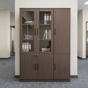 Three Door Bookcase in Grey Oak with vertical woodgrain finish, two upper glass-fronted doors, internal shelves, solid side cabinet doors, lockable lower storage and black handles.