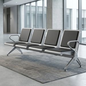 Reception 4-Seater Waiting Chair with four black padded seats, individual rectangular backrests, silver metallic frame, curved end armrests, and angled supporting legs.