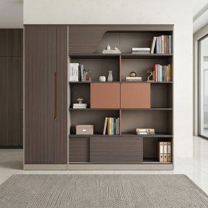 Modern Executive Storage Cabinet with gray wood-grain finish, tall enclosed side cabinet, open display shelves, brown storage compartments, and curved upper detail.