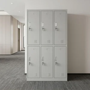 Gray 6-Door Metal Locker Cabinet with six individually lockable compartments arranged in two rows, recessed silver handles, key locks, ventilation slots, and label holders.