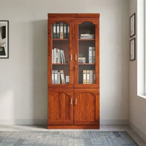 2-Door Mahogany Bookshelf with rich brown wood-grain finish, two upper glass doors, interior shelves, central key lock, silver handles, and two lower wooden cabinet doors.