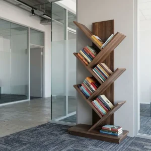 7-Tier Modern Tree Bookshelf with angled branching shelves, central vertical support, rectangular base, and brown wood-grain and dark charcoal finishes.