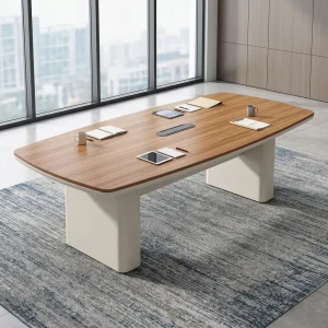 2400mm Conference Table (8–10 Seater) with wood-grain rectangular tabletop, rounded corners, central cable management opening, and white panel supports.