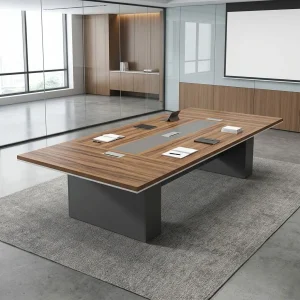 3.5m Executive Conference Table with rectangular wood-grain tabletop, gray central panel, three cable grommets including a central power grommet, and dark panel supports.