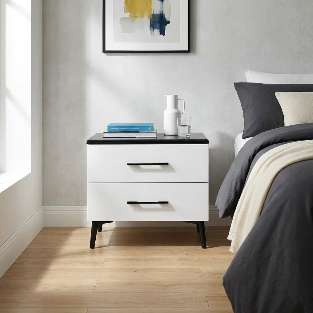 modern 2 drawer bedside table with white finish and black top